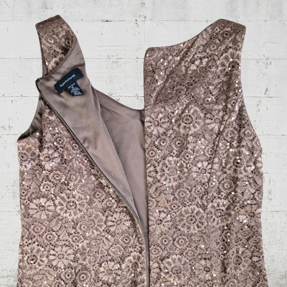 90s Vintage Bronze Midi Dress Brown Sequin Floral Lace Column Midi Dress Size 12 - Picture 10 of 16